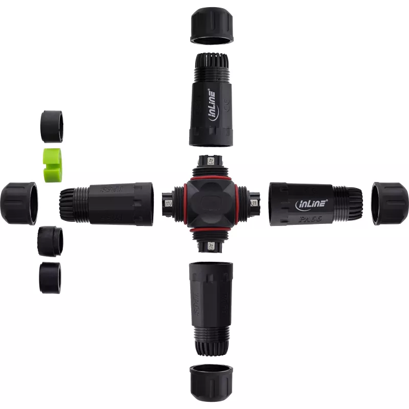 InLine 69927V Acoplador de red IP68, 3 polos, 4 vías (cruz), M20, negro