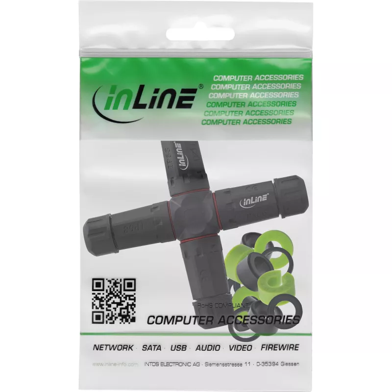 InLine 69927V Acoplador de red IP68, 3 polos, 4 vías (cruz), M20, negro