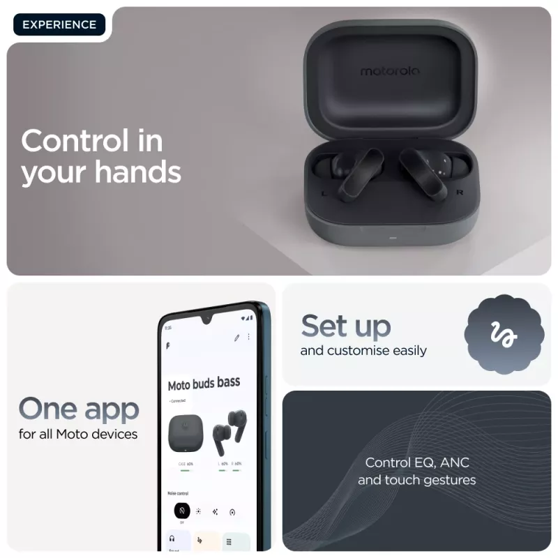 Auriculares MOTOROLA Moto Buds Bass TWS Bluetooth In-Ear para llamadas y música, negro, 51 g