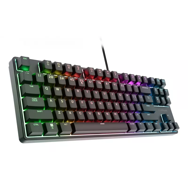 Teclado gaming mecánico TRUST 26135, 80% 87 teclas, distribución alemana QWERTZ, USB con cable, negro, cable de 1,8 m