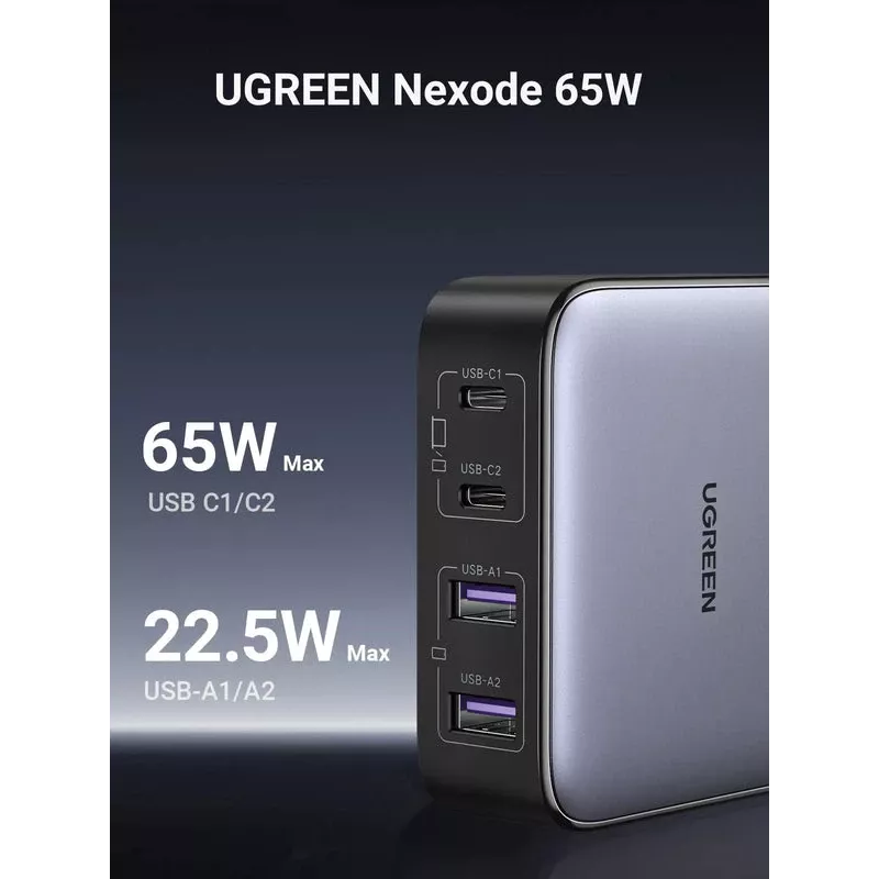 Ugreen Nexode cargador rápido de sobremesa 65 W, 2x USB-A + 2x USB-C (90747)