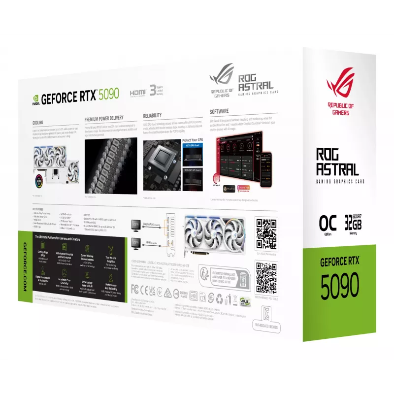 Tarjeta gráfica ASUS ROG Astral GeForce RTX 5090, 32 GB GDDR7, 512 bits, PCIe 5.0, 3 ventiladores, blanca