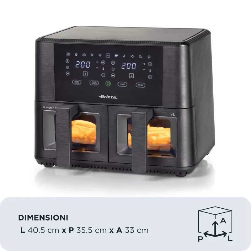 Ariete 4631 Double Freidora de aire 9L, 2400W, Capacidad total 9L, 11 programas, Multifunción, Hasta 3,6 kg de alimentos fritos Temperatura hasta 200°C, Doble cesta, Negro