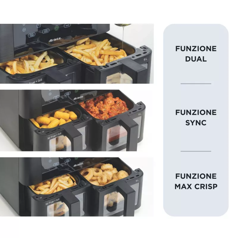 Ariete 4631 Double Freidora de aire 9L, 2400W, Capacidad total 9L, 11 programas, Multifunción, Hasta 3,6 kg de alimentos fritos Temperatura hasta 200°C, Doble cesta, Negro
