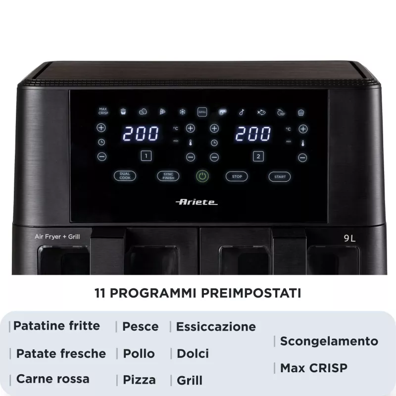 Ariete 4631 Double Freidora de aire 9L, 2400W, Capacidad total 9L, 11 programas, Multifunción, Hasta 3,6 kg de alimentos fritos Temperatura hasta 200°C, Doble cesta, Negro