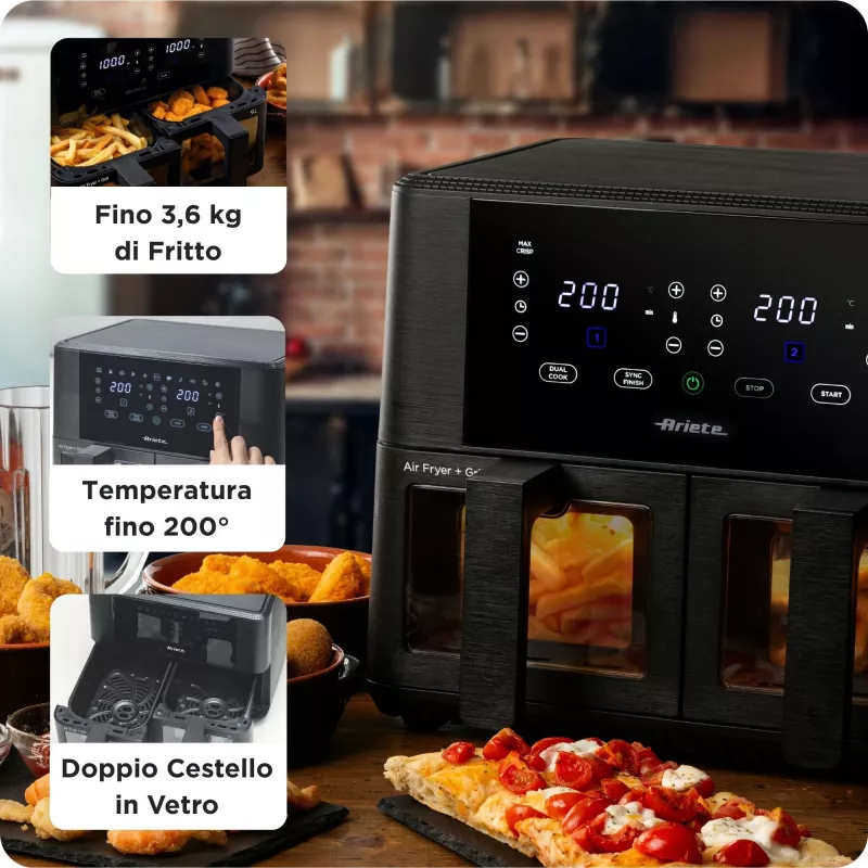 Ariete 4631 Double Freidora de aire 9L, 2400W, Capacidad total 9L, 11 programas, Multifunción, Hasta 3,6 kg de alimentos fritos Temperatura hasta 200°C, Doble cesta, Negro