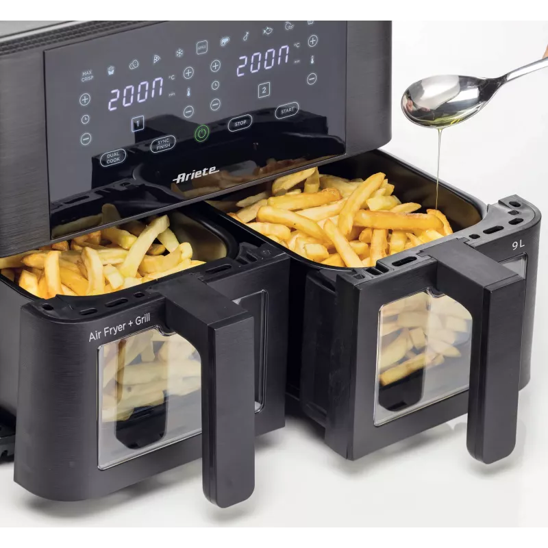 Ariete 4631 Double Freidora de aire 9L, 2400W, Capacidad total 9L, 11 programas, Multifunción, Hasta 3,6 kg de alimentos fritos Temperatura hasta 200°C, Doble cesta, Negro