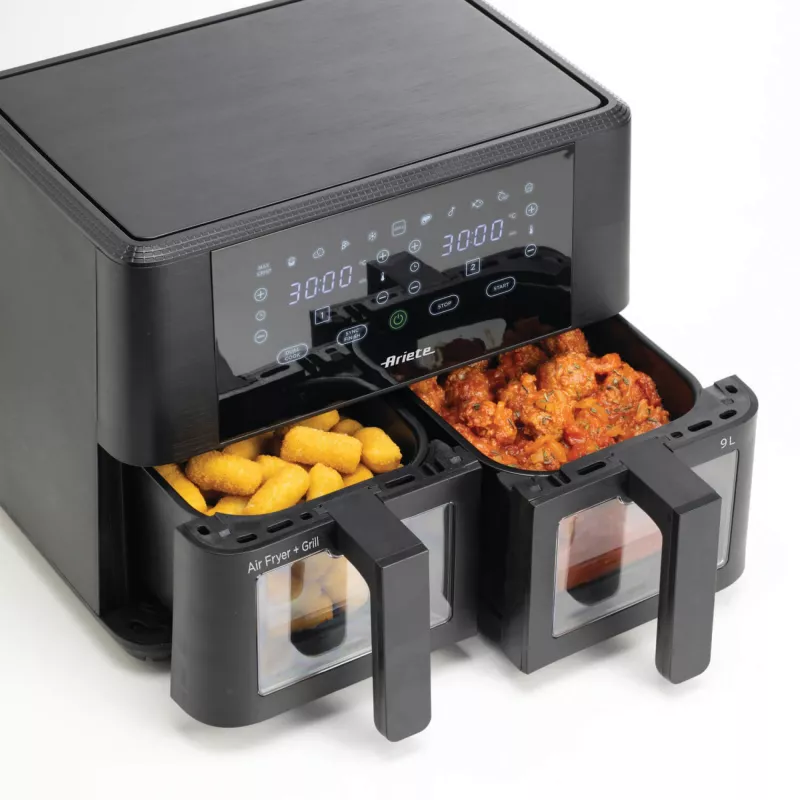 Ariete 4631 Double Freidora de aire 9L, 2400W, Capacidad total 9L, 11 programas, Multifunción, Hasta 3,6 kg de alimentos fritos Temperatura hasta 200°C, Doble cesta, Negro