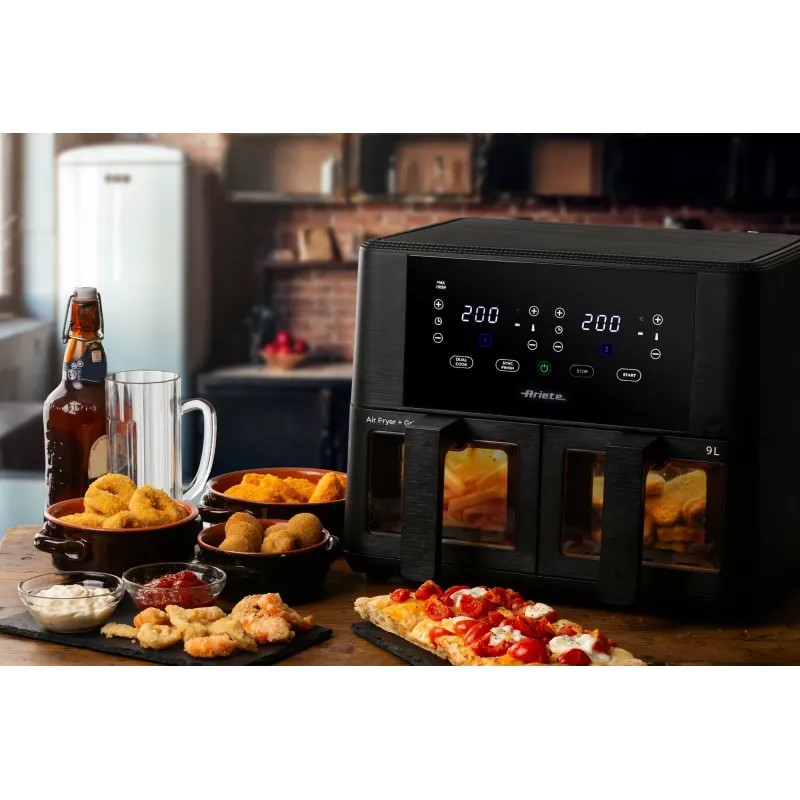 Ariete 4631 Double Freidora de aire 9L, 2400W, Capacidad total 9L, 11 programas, Multifunción, Hasta 3,6 kg de alimentos fritos Temperatura hasta 200°C, Doble cesta, Negro