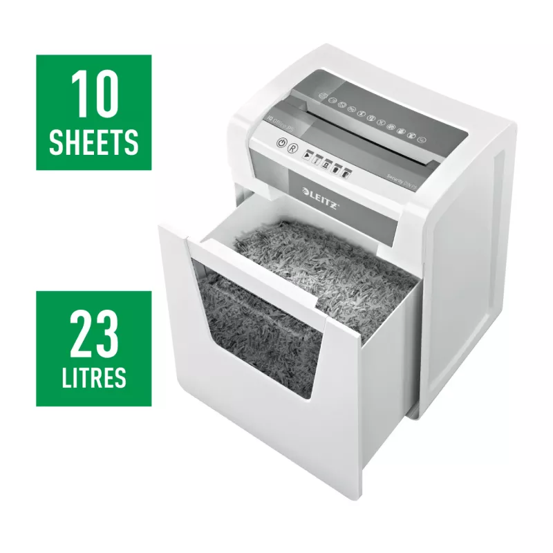 Destructora de documentos Leitz IQ Office Security P5, microcorte, 22,3 cm, 2 x 15 mm, 23 l, 250 hojas, 55 dB
