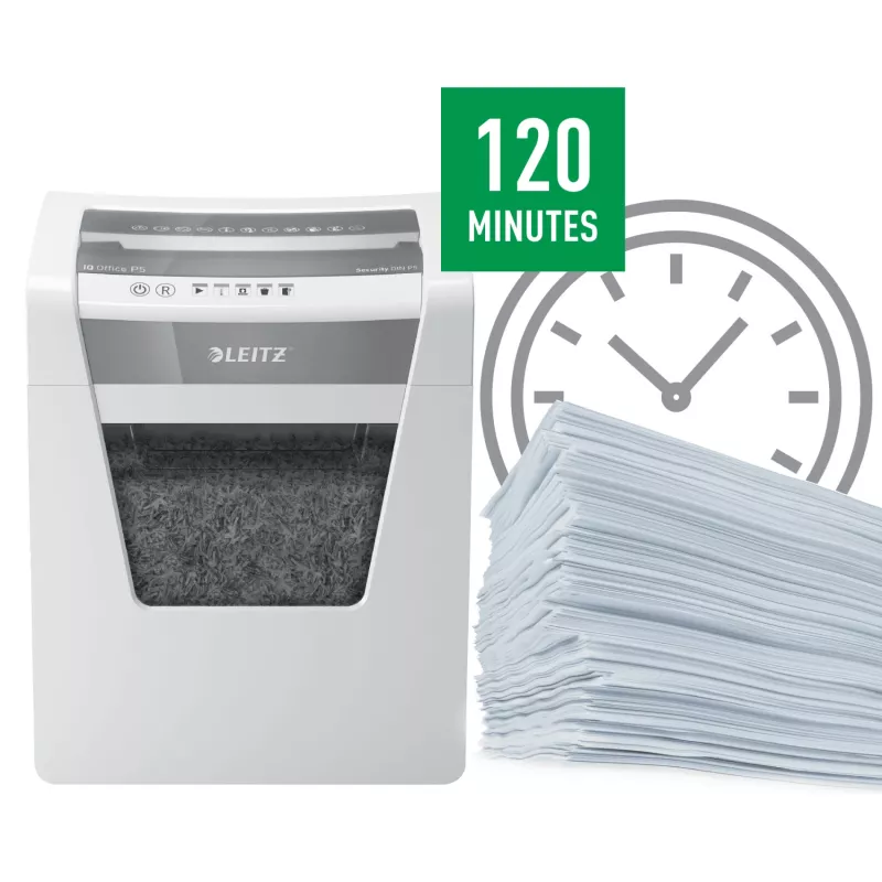 Destructora de documentos Leitz IQ Office Security P5, microcorte, 22,3 cm, 2 x 15 mm, 23 l, 250 hojas, 55 dB