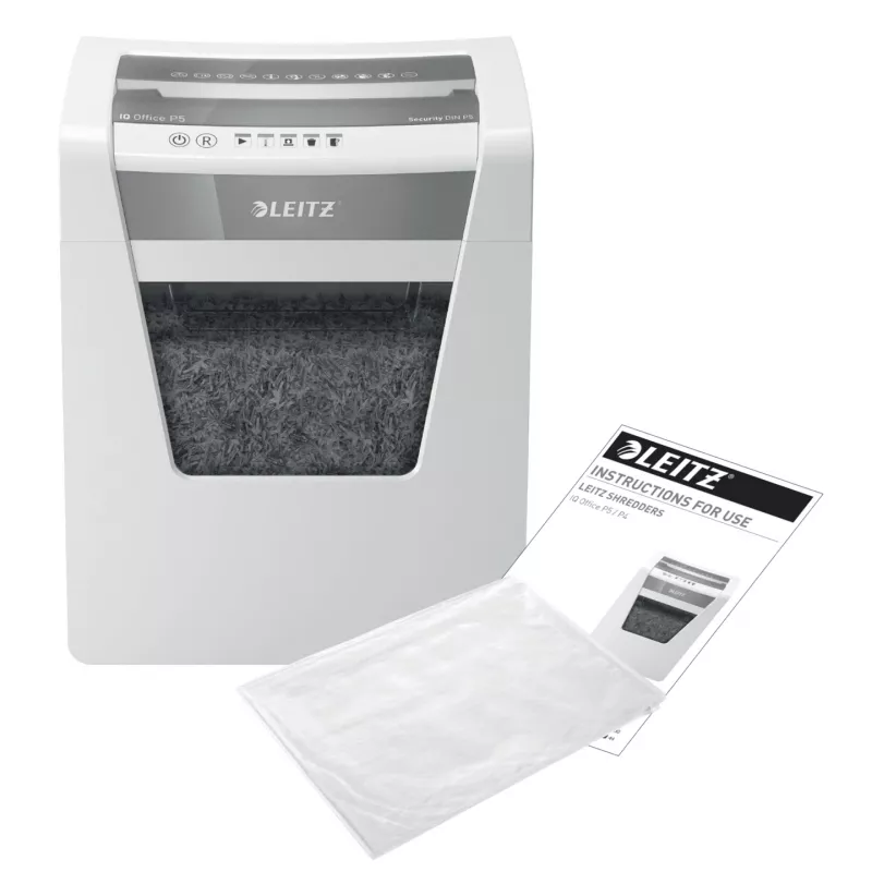 Destructora de documentos Leitz IQ Office Security P5, microcorte, 22,3 cm, 2 x 15 mm, 23 l, 250 hojas, 55 dB