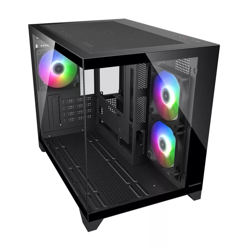 Caja de PC mini torre Cougar FV150 ARGB — negra, compatible con 2 ventiladores laterales de 120/140 mm, 1 de 120 mm trasero, HDD de 2,5 inch/3,5 inch, 285×435×365 mm