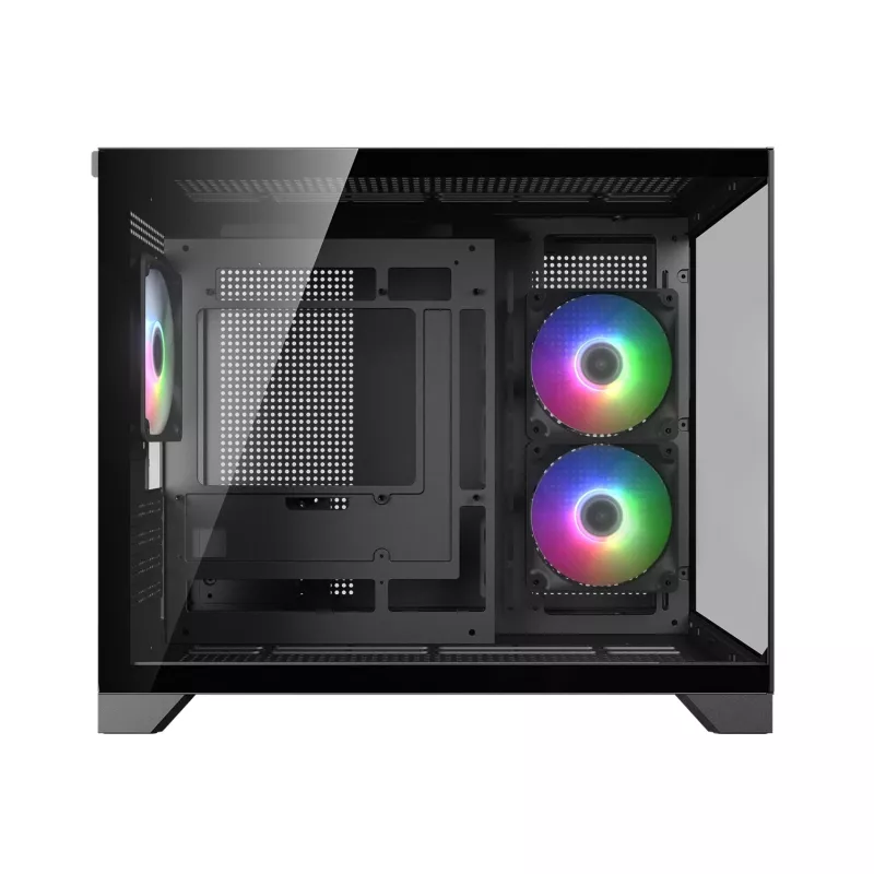 Caja de PC mini torre Cougar FV150 ARGB — negra, compatible con 2 ventiladores laterales de 120/140 mm, 1 de 120 mm trasero, HDD de 2,5 inch/3,5 inch, 285×435×365 mm