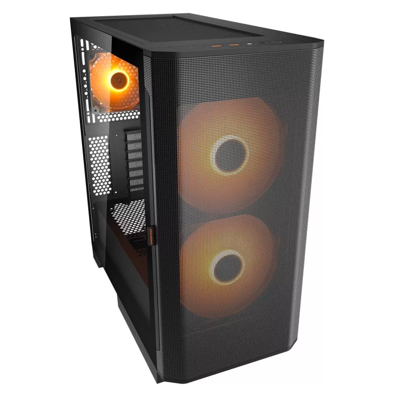 Caja de PC semitorre Cougar Airface FLO ARGB, negra — compatible con 2 ventiladores frontales de 180 mm, 1 trasero de 120 mm, unidades de 2,5