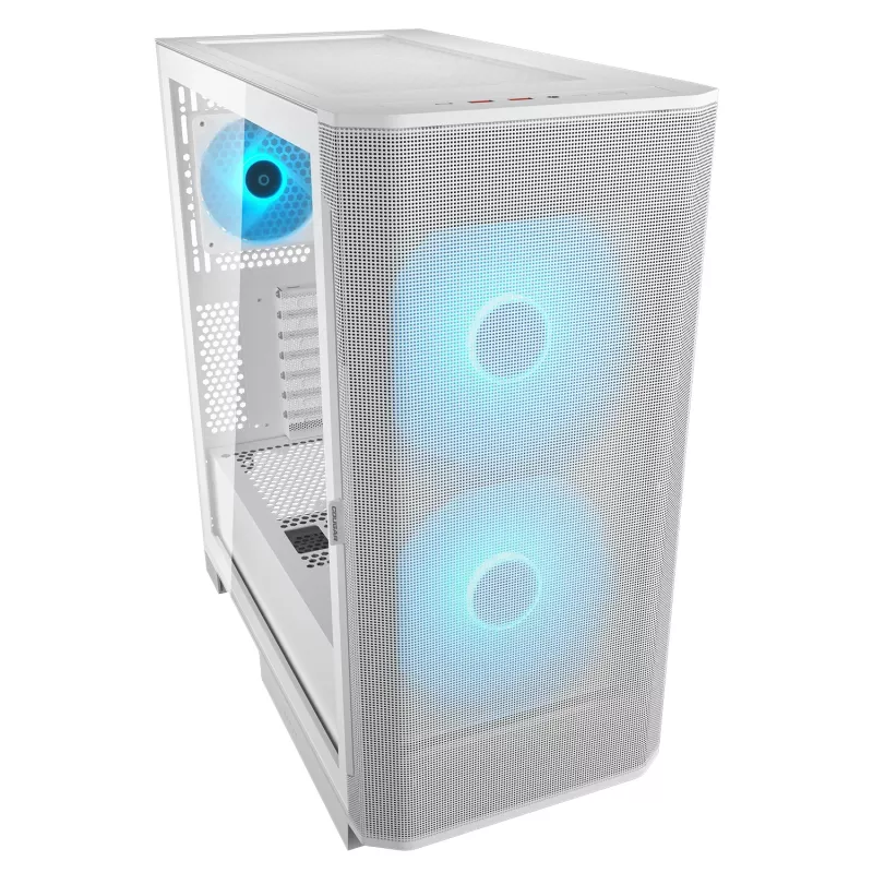 Caja de PC semitorre COUGAR Airface FLO ARGB blanca — 2 ventiladores frontales de 180 mm, 1 trasero de 120 mm, compatible con HDD de 2,5