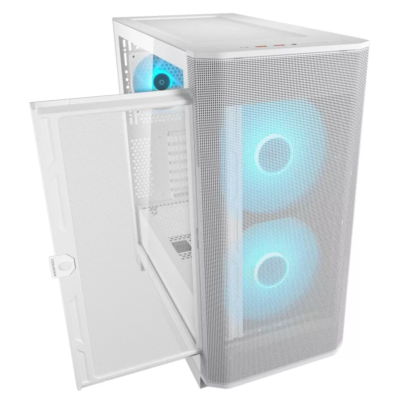 Caja de PC semitorre COUGAR Airface FLO ARGB blanca — 2 ventiladores frontales de 180 mm, 1 trasero de 120 mm, compatible con HDD de 2,5