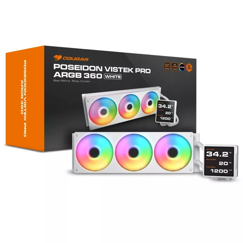 Refrigeración líquida todo en uno para CPU Cougar Poseidon Vistek Pro 360 – ventilador de 120 mm, ARGB, blanca