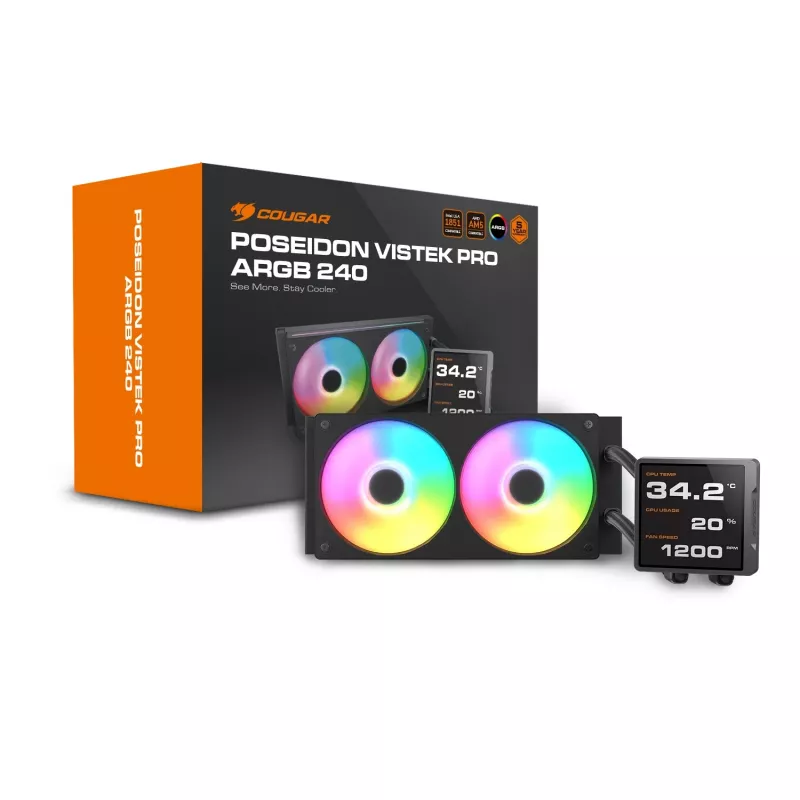 Refrigeración líquida todo en uno para CPU Cougar Poseidon Vistek Pro 240, ARGB, ventilador de 120 mm, 700–2500 RPM, negra