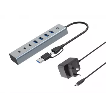 Conceptronic HUBBIES20GP Hub USB 3.0 de 7 puertos con fuente de alimentación, 5Gbps, USB-C x 3, USB-A x 4