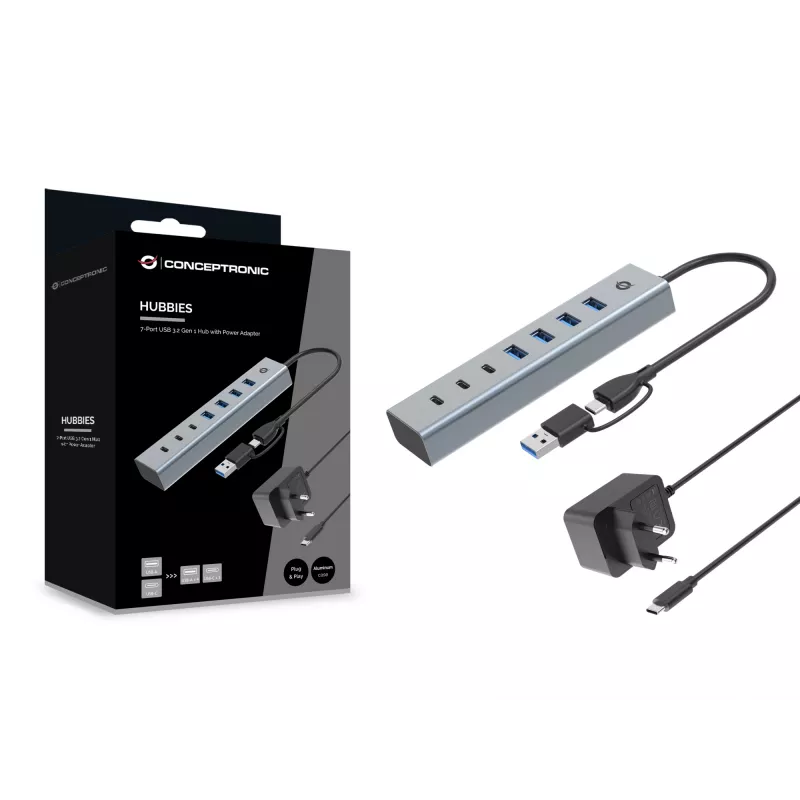 Conceptronic HUBBIES20GP Hub USB 3.0 de 7 puertos con fuente de alimentación, 5Gbps, USB-C x 3, USB-A x 4