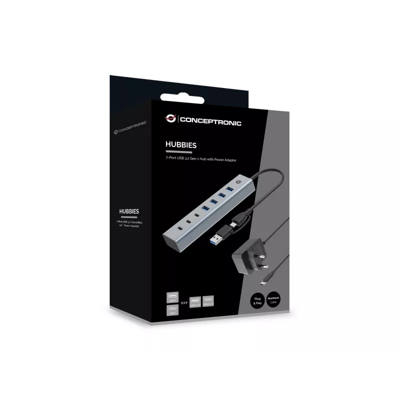 Conceptronic HUBBIES20GP Hub USB 3.0 de 7 puertos con fuente de alimentación, 5Gbps, USB-C x 3, USB-A x 4