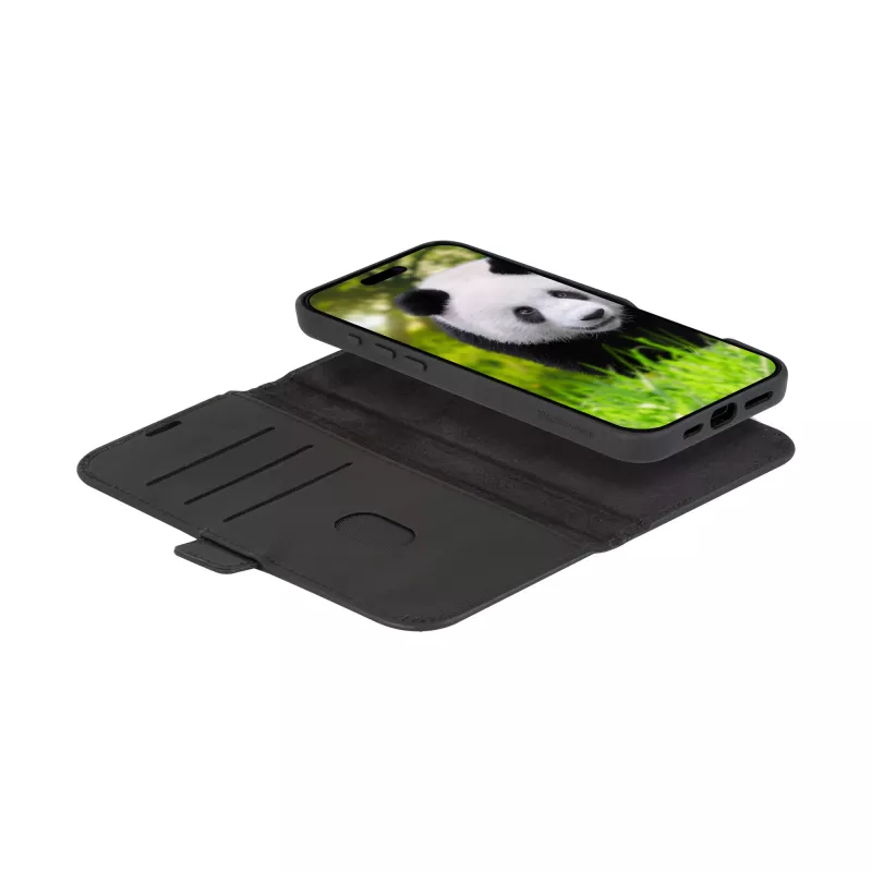 Funda de cuero tipo folio dbramante1928 Lynge MagSafe para iPhone 16 Plus – negro, 3 compartimentos para tarjetas, 6,7