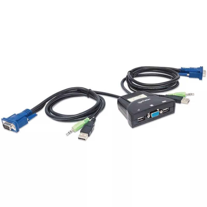 Conmutador KVM Manhattan Mini 2 puertos, 2x USB-A, cable incluido, soporte de audio, control de 2 ordenadores con un teclado/ratón/pantalla, negro, garantía de por vida, empaquetado