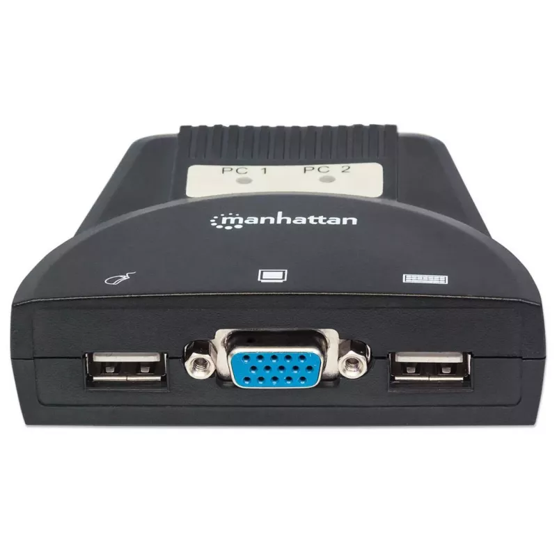 Conmutador KVM Manhattan Mini 2 puertos, 2x USB-A, cable incluido, soporte de audio, control de 2 ordenadores con un teclado/ratón/pantalla, negro, garantía de por vida, empaquetado