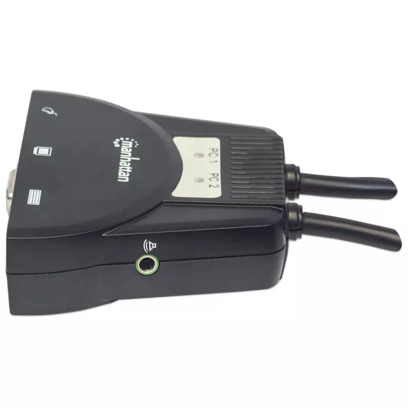 Conmutador KVM Manhattan Mini 2 puertos, 2x USB-A, cable incluido, soporte de audio, control de 2 ordenadores con un teclado/ratón/pantalla, negro, garantía de por vida, empaquetado