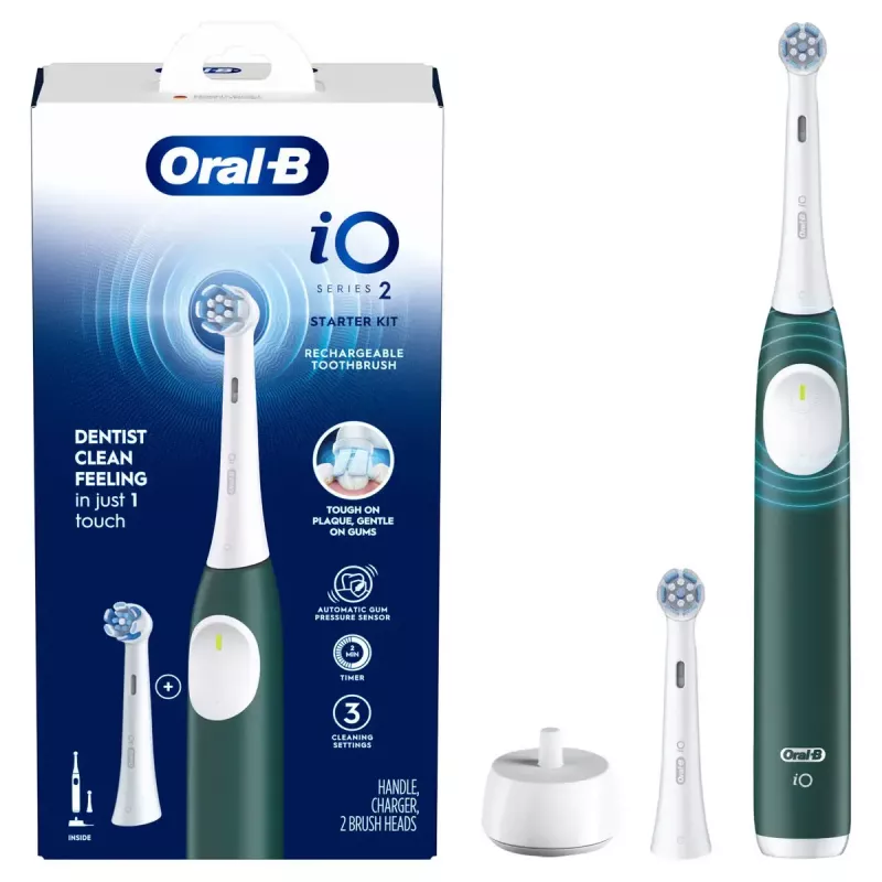 Cepillo de dientes eléctrico BRAUN iO2 — cepillo de dientes recargable para adultos, 3 modos, sensor de presión, 2 cabezales de cepillo, Forest Green