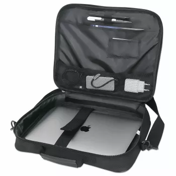 Manhattan Cambridge Maletín para portátil 14,1 pulgadas, diseño Clamshell, Negro, KOSTENGÜNSTIG, compartimento para accesorios, compartimento para documentos en la parte trasera, correa de hombro (extraíble), equivalente a Targus CN313/CN414EU, funda para portátil, tres años de garantía