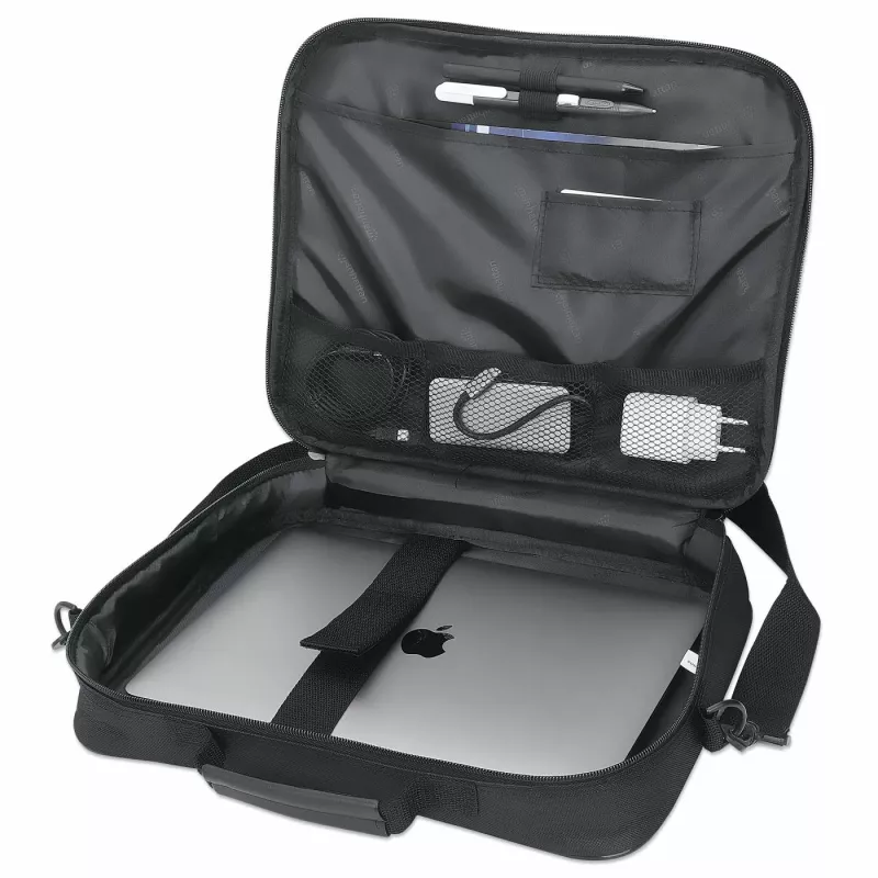 Manhattan Cambridge Maletín para portátil 14,1 pulgadas, diseño Clamshell, Negro, KOSTENGÜNSTIG, compartimento para accesorios, compartimento para documentos en la parte trasera, correa de hombro (extraíble), equivalente a Targus CN313/CN414EU, funda para portátil, tres años de garantía