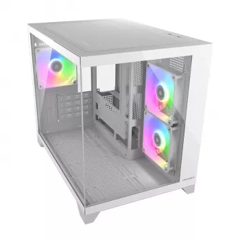 Caja para PC Mini Tower Cougar FV150 ARGB Blanco — Micro-ATX / Mini-ITX, ventana lateral, 2x120mm + 1x120mm ventiladores, bahías de 2,5 pulgadas y 3,5 pulgadas