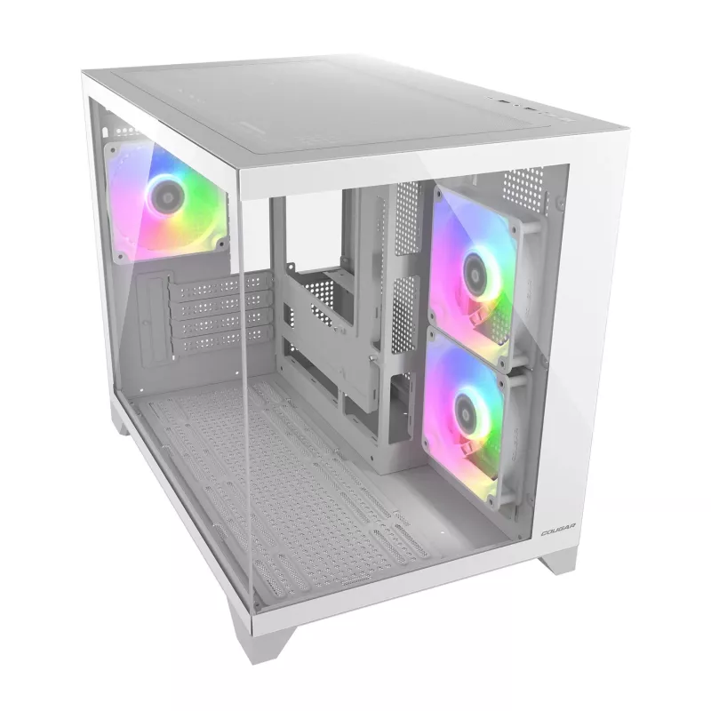 Caja para PC Mini Tower Cougar FV150 ARGB Blanco — Micro-ATX / Mini-ITX, ventana lateral, 2x120mm + 1x120mm ventiladores, bahías de 2,5 pulgadas y 3,5 pulgadas