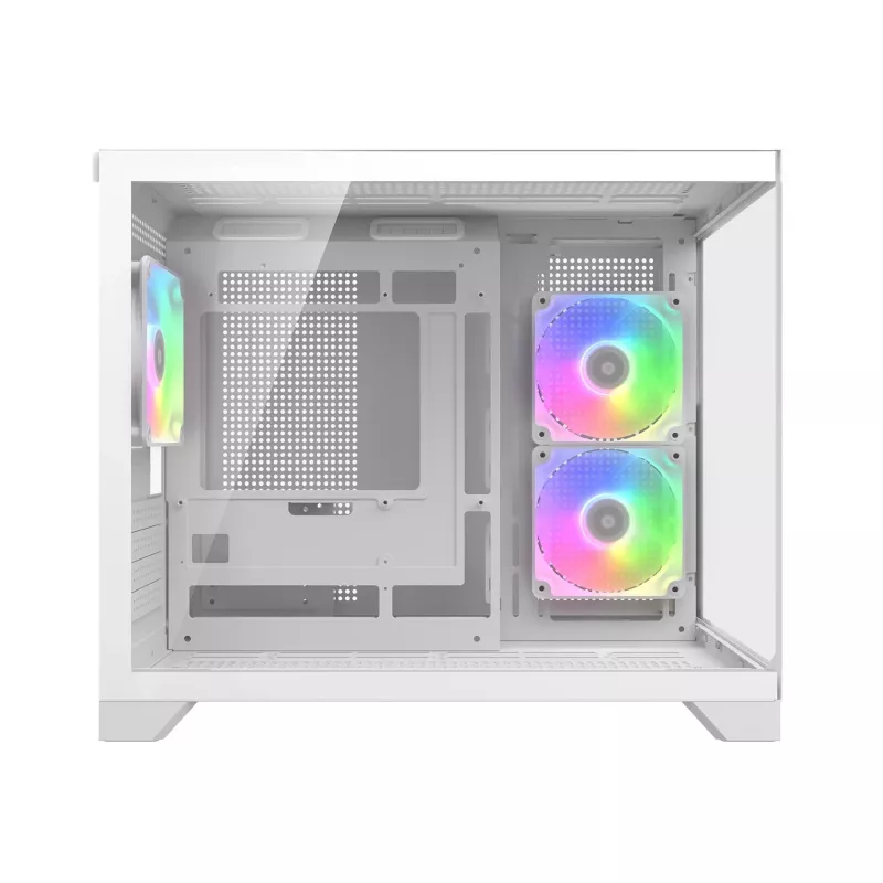 Caja para PC Mini Tower Cougar FV150 ARGB Blanco — Micro-ATX / Mini-ITX, ventana lateral, 2x120mm + 1x120mm ventiladores, bahías de 2,5 pulgadas y 3,5 pulgadas