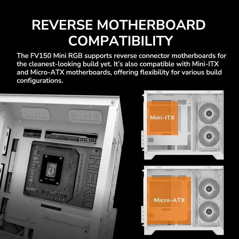 Caja para PC Mini Tower Cougar FV150 ARGB Blanco — Micro-ATX / Mini-ITX, ventana lateral, 2x120mm + 1x120mm ventiladores, bahías de 2,5 pulgadas y 3,5 pulgadas