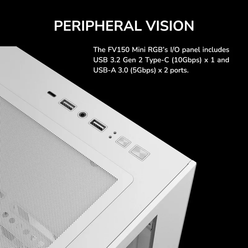 Caja para PC Mini Tower Cougar FV150 ARGB Blanco — Micro-ATX / Mini-ITX, ventana lateral, 2x120mm + 1x120mm ventiladores, bahías de 2,5 pulgadas y 3,5 pulgadas