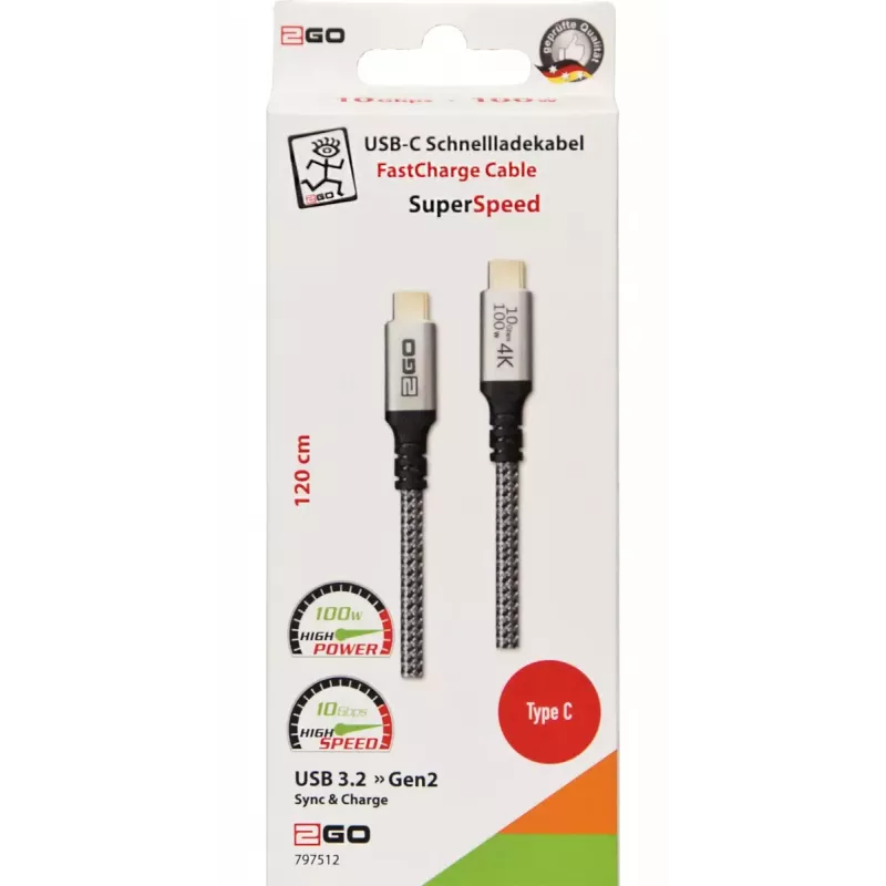 Cable USB 2GO 797512 USB 3.2 Gen 2 1,2 m USB C Negro Plata