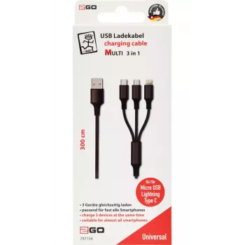 Cable USB 2GO 797154 3m USB B USB C/Micro-USB B/Lightning Negro
