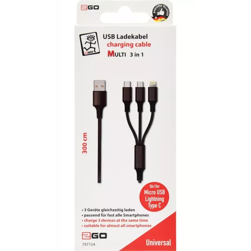 Cable USB 2GO 797154 3m USB B USB C/Micro-USB B/Lightning Negro