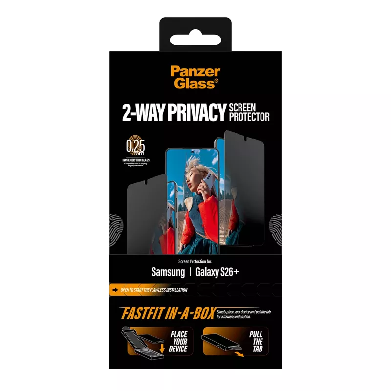 Protector de pantalla PanzerGlass privacidad bidireccional para Samsung New Galaxy S 2026 Plus — lámina PET ultraancha con FASTFIT