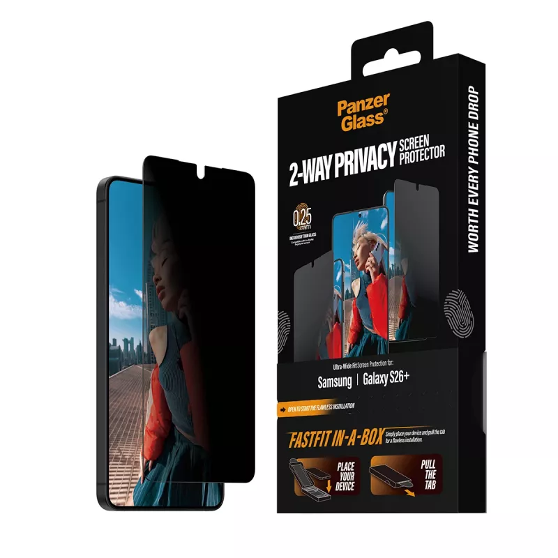 Protector de pantalla PanzerGlass privacidad bidireccional para Samsung New Galaxy S 2026 Plus — lámina PET ultraancha con FASTFIT