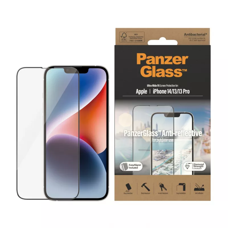 Protector de pantalla PanzerGlass antirreflejo para Apple iPhone 14 / 13 / 13 Pro — cristal templado, PET, ajuste ultraancho, EasyAligner