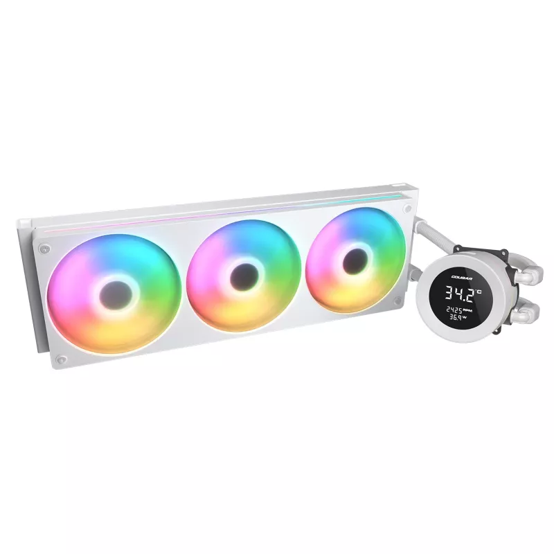 Refrigeración líquida todo en uno para CPU Cougar Poseidon Vistek 360, ARGB, ventiladores de 120 mm, blanco, compatible con LGA1700/AM5