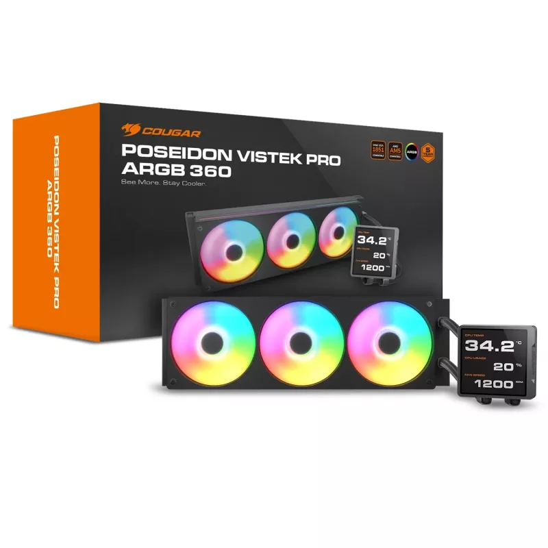 Refrigeración líquida todo en uno para CPU Cougar Poseidon Vistek Pro 360, ARGB, ventiladores de 120 mm, negro, compatibilidad multisocket