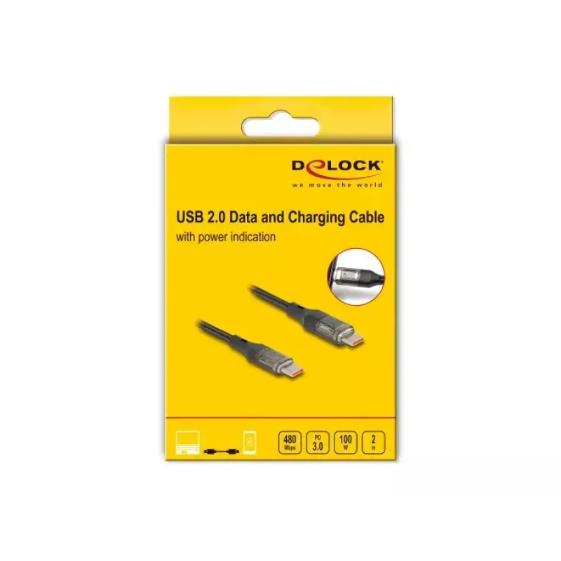 Cable DELOCK USB Type-C a USB Type-C PD 3.0 100 W datos USB 2.0 2 m con indicador de potencia