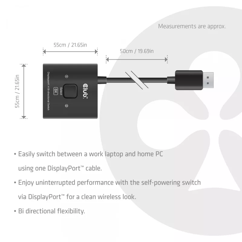 Switch bidireccional DisplayPort 2 en 1 CLUB3D CSV-1009 — 2 salidas DisplayPort, 8K@60Hz, negro