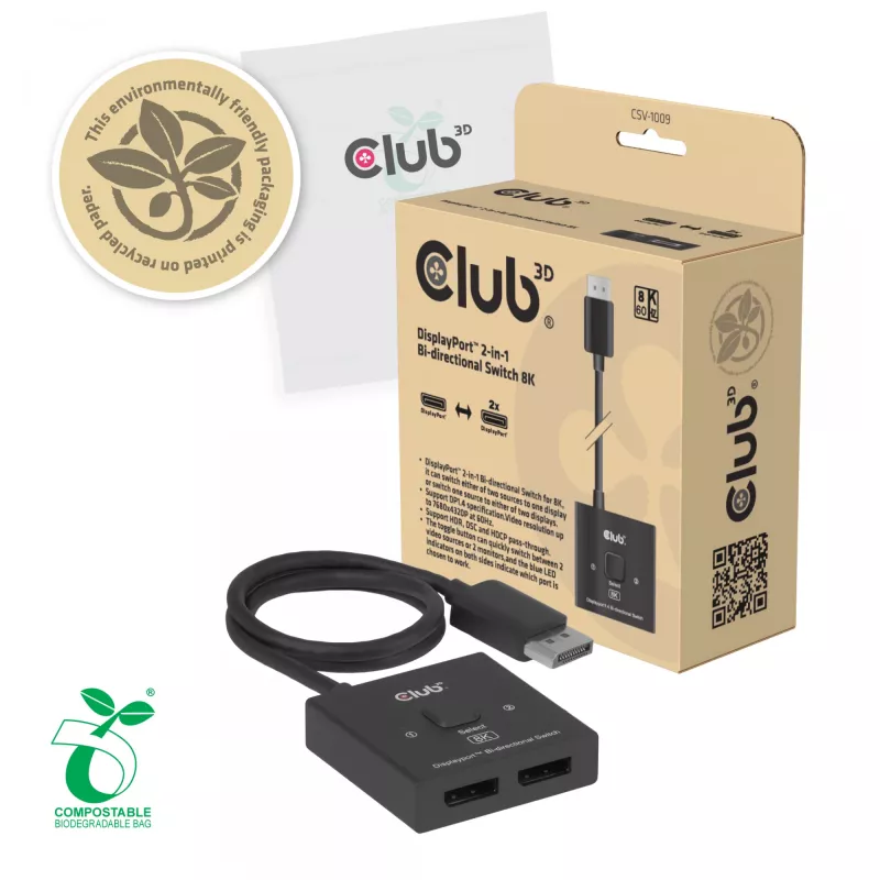 Switch bidireccional DisplayPort 2 en 1 CLUB3D CSV-1009 — 2 salidas DisplayPort, 8K@60Hz, negro