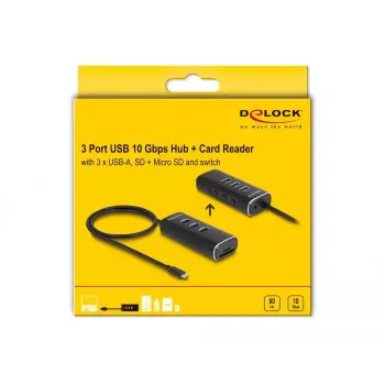 DeLOCK Hub USB de 3 puertos 10 Gbps con lector de tarjetas SD Micro SD Type-C cable de 60 cm